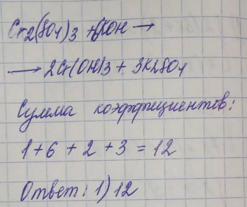 Закончите уравнение реакции Cr2(SO4)3 + KOH = и расставьте коэффициенты. Укажите, чему равна сумма с