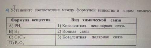 4) Установите соответствие между формулой вещества и видом химической связи в этом веществе. Формула