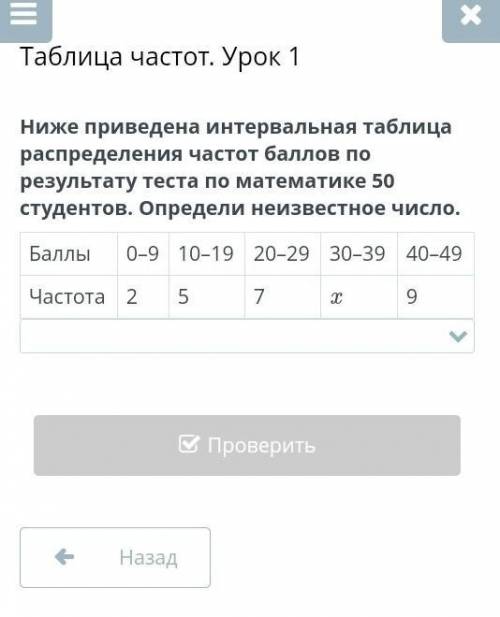 Таблица частот . Урок 1 Ниже приведена интервальная таблица распределения частот по результату теста