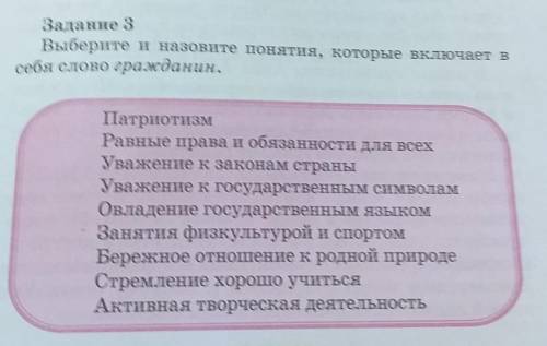 Задание 3 Выберите и назовите понятия, которые включает вСеоя слово гражданин, .ПатриотизмРавные пра