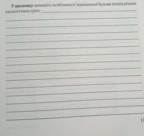 У висновку запишіть особливості зовнішньої будови птахів різних екологічних груптерміново​