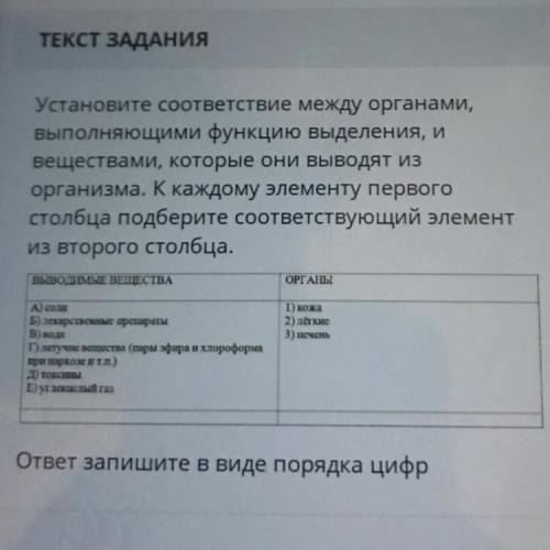 ТЕКСТ ЗАДАНИЯ Установите соответствие между органами, выполняющими функцию выделения, и веществами,