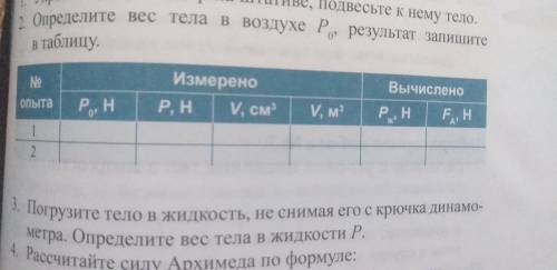 Определите вес тела в воздухе Ро, результат запишите в таблицу.