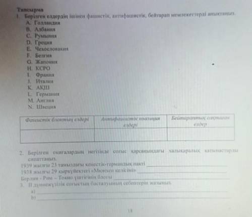 Орындау уақыты 20 минутТапсырма1. Берілген елдердің ішінен фашистік, антифашистік, бейтарап мемлекет