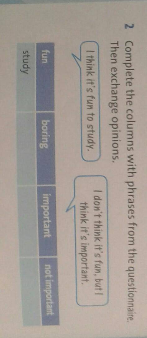 Complet the columns with phrases from the questionnaire.Then exchange opinions.​