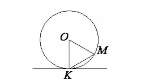 Прямая касается окружности в точке K. Точка O – центр окружности. Хорда KM образует с касательной уг