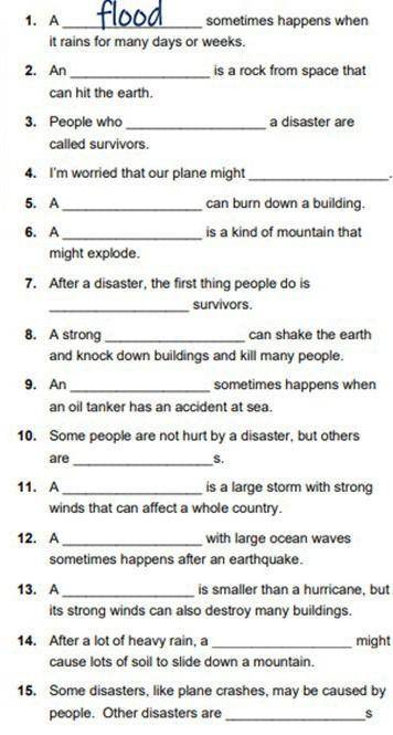 Очень надо! A. asteroid n.C. crash n.,v.E. earthquake n.F fire n.flood n.,vH. hurricane n.L. landsli