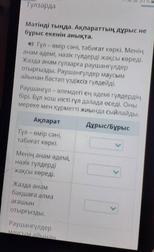 Мәтінді тыңда. Ақпараттың дұрыс не бұрыс екенін анықта.1) Гүл – өмір сәні, табиғат көркі. Меніңанам