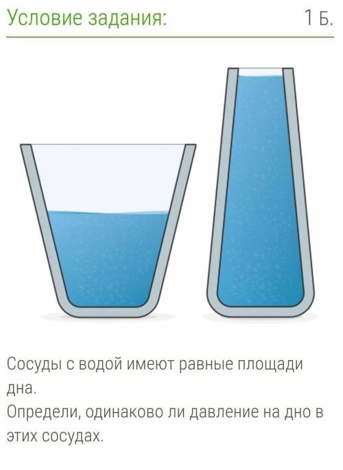 Сосуды с водой имеют равные площади дна.Определи, одинаково ли давление на дно в этих сосудах.​