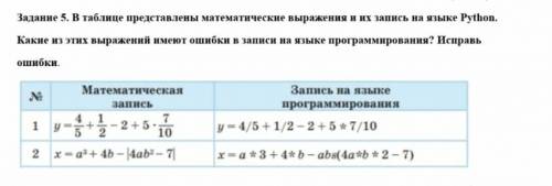 Задание 5. В таблице представлены математические выражения и ш запись на языке Python. Какне до эти