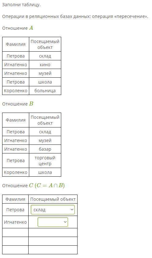 если можно, объясните, нормальную информацию в интернете не нашла! Заполни таблицу. Операции в реляц