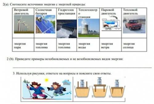 2(а). Соотнесите источники энергии с энергией природы: 2 (b). Приведите примеры возобновляемых и не