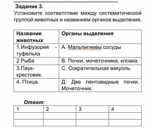 Задание 3. Установите соответствие между систематической группой животных и названием органов выделе