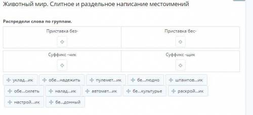 Животный мир. Слитное и раздельное написание местоимений Распредели слова по группам. Приставка без-