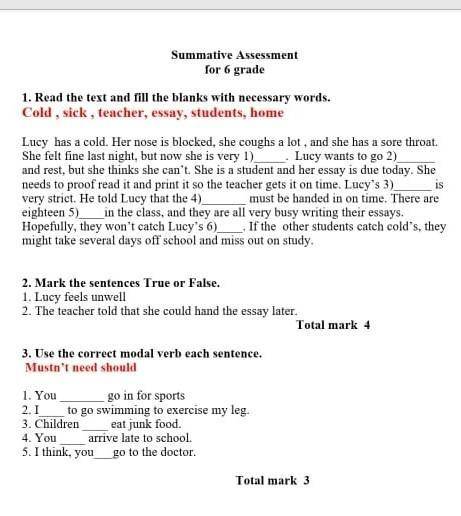 2. Mark the sentences True or False. 1. Lucy feels unwell 2. The teacher told that she could hand th