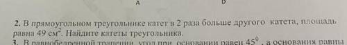 В прямоугольном треугольнике катет в два раза больше другого катета, площадь равна 49см². Найдите ка