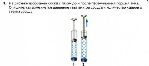 3. На рисунке изображен сосуд с газом до и после перемещения поршня вниз. Опишите, как изменяется да