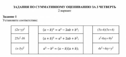 ЗАДАНИЯ ПО СУММАТИВНОМУ ОЦЕНИВАНИIO ЗА 3 ЧЕТВЕРТЬ 2 вариантЗадание 1Установите соответствие:(2x+y)?(