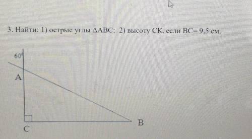 Найти: 1) острые углы ДАВС; 2) высоту CK, если ВС– 9,5 см.​