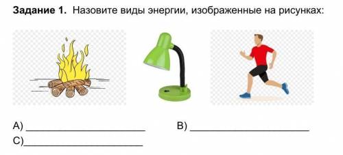 Задание 1.  Назовите виды энергии, изображенные на рисунках: ￼ ￼ ￼А)            В)    С)