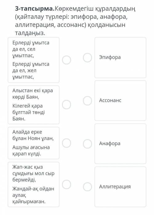 .Көркемдегіш құралдардың (қайталау түрлері: эпифора, анафора, аллитерация, ассонанс) қолданысын талд