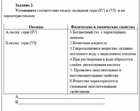 Установите соответствие между оксидами серы (IV) и (VI)  и их характеристиками.​