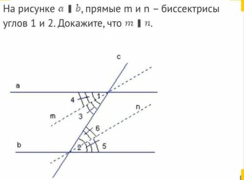 На рисунке а||b, прямые m и n - биссектрисы углов 1 и 2. Докажите что m||n.​​