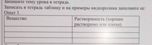 4. Записать в тетрадь таблицу и на примеры видеоролика заполните се:Опыт 1.ВеществоРастворимость (хо