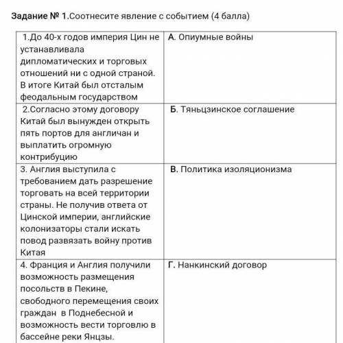 Соотнесите явление с событием ( ) 1.До 40-х годов империя Цин не устанавливала дипломатических и тор