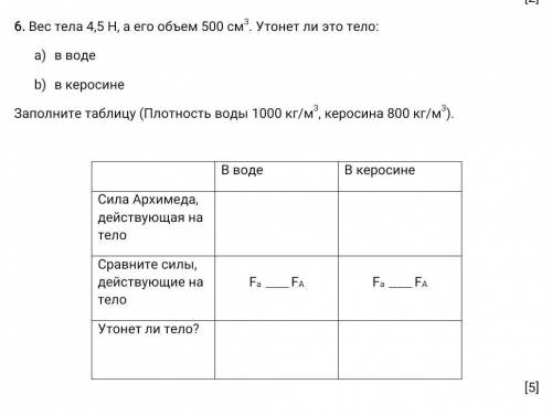 Вес тела 4,5 Н, а его объем 500 см3. Утонет ли это тело:a)в воде b)в керосинеЗаполните таблицу (Плот