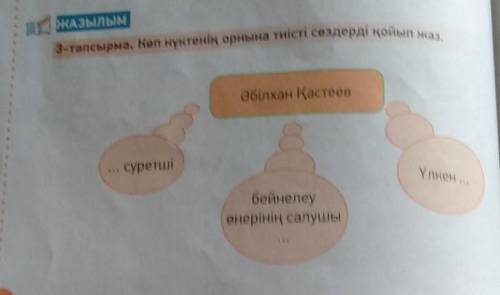 ЖАзылым 3-тапсырма. Көп нүктенің орнына тиісті сөздерді қойып жаз.Әбілхан ҚастеевсуретшіҮлкен.бейнел