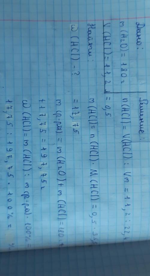 в 180 мл воды растворили 11,2 литра хлора водорода. Требуется найти массовую долю HCI. Правильно реш