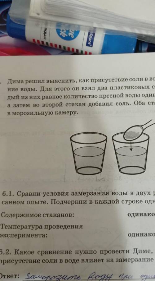 Сравни условия замерзание воды в 2 разных стаканах в описанном опыте подчеркни В каждой строке одно