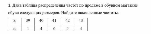 Дана таблица распределения частот по продаже в обувном магазине обуви следующих размеров. Найдите на