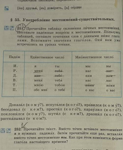 251) Прочитайте таблицу склонения личных местоимений. Поставьте падежные вопросы к местоимениям. Пол