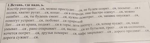 1.Вставь, где надо, ь. Костёр разгорается, можно простудит...ся, не будем ссорит...ся, посыпатся спо