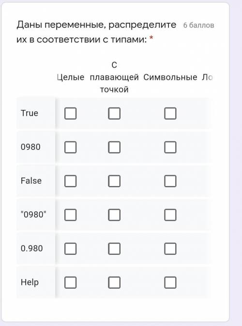 ДЛЯ ХАЛЯВЩИКОВ БАН! Даны переменные, распределите их в соответствии с типами: * ТИПЫ:ЦелыеС плавающе