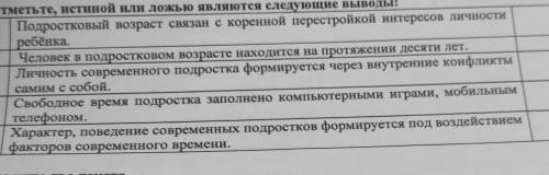 1.Отметьте, истиной или ложью являются следующие выводы: 1 Подростковый возраст связан с коренной пе