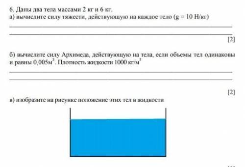 6. Даны два тела массами 2 кг и 6 кг. а) вычислите силу тяжести, действующую на каждое тело (g = 10