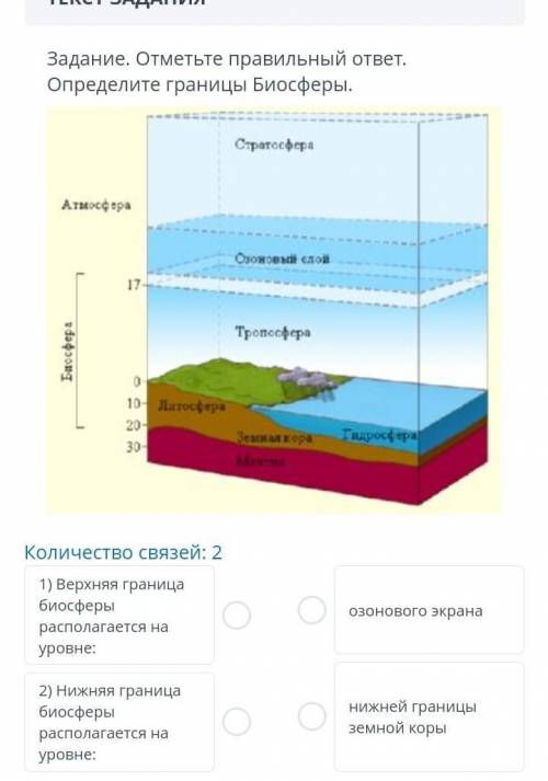 Задание. отметьте правильный ответ. определите границы биосферы. количество связей: 2 1) верхняя гра