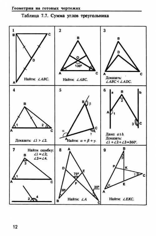 Геометрия на готовых чертежах таблица 7.7 сумма углов треугольника 6, 7, 8.