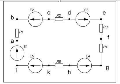 R1=50, R2=40, R3=30,R4=40,R5=50. E1=10,E2=20,E3=30,E4=40,E5=50.Точка заземления = f . Обход контура