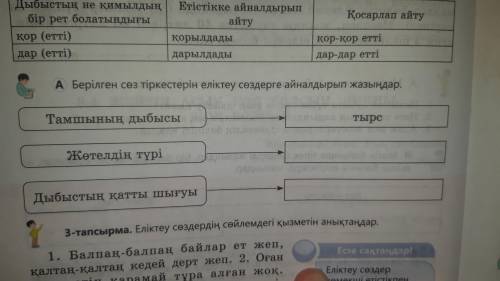 Берілген сөз тіркестерін еліктеу сөздерге айналдырып жазыңдар