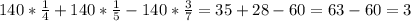 140*\frac{1}{4} +140*\frac{1}{5} -140*\frac{3}{7} =35+28-60=63-60=3