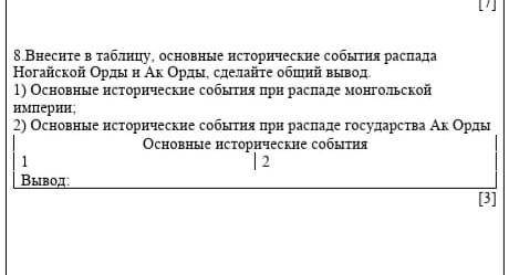 8 Внесите в таблицу. основные исторические события распада Ноrайской Орды и Ак Орды, сделайте общий