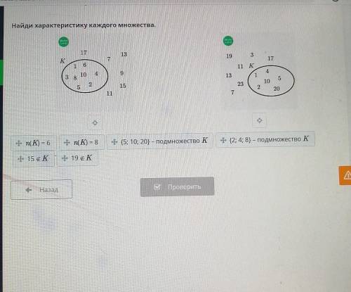 Найди характеристику каждого множества. 1711319317K711 К1 64104913151023152520711+ n K) = 6фnK) = 8{