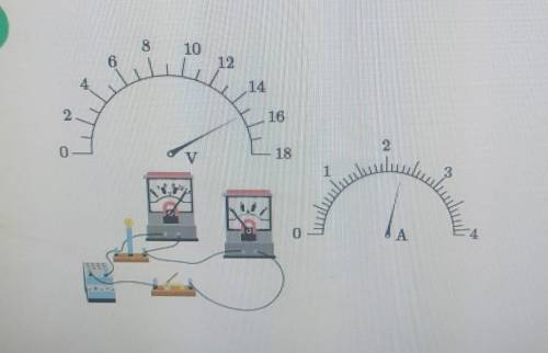 На рисунке изображена электрическая схема (показания амперметра и вольтметра увеличены). 1. Нарисуй
