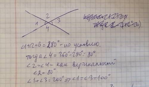 1. Сумма трёх углов образованных при пересечении двух прямых равна 280 Найдите градусную меру каждог