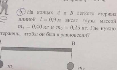 На концах А и В лекогко стержня длиной l = 0,9м висят грузы масой m1 = 0,40 кг и m2 = 0,25 кг. Где н