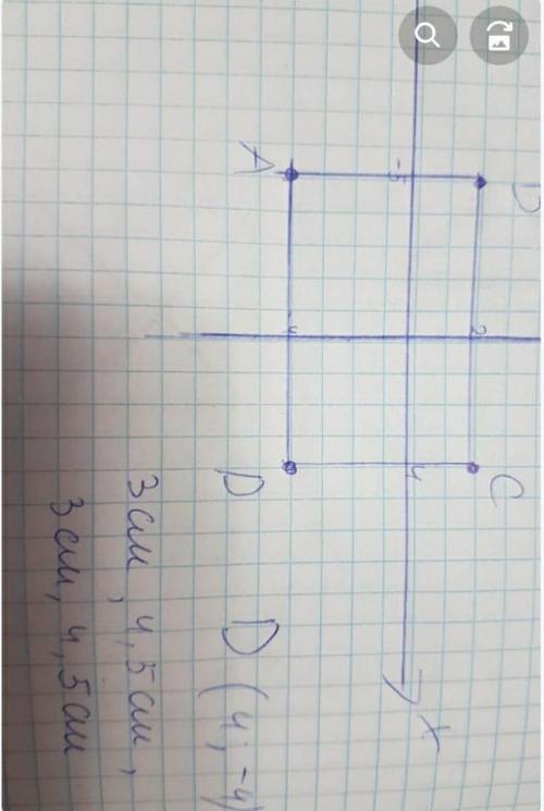 4. Используя координаты трех вершин А(-5; -4), B(-5; 2) и С(4; 2) прямоугольника ABCD: а) начертите